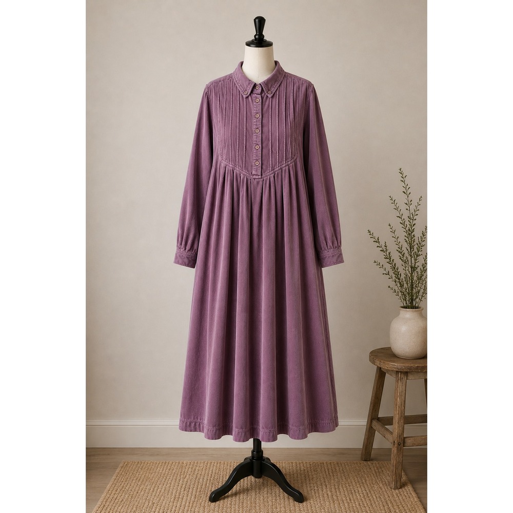 April Cornell Women's Purple Corduroy Market Midi Dress Medium Long Sleeve